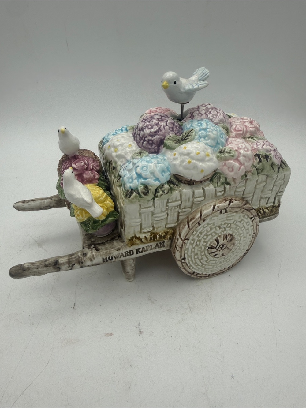 VTG Schmid porcelain music box Flower Wagon Cart by Howard Kaplan plays “Always"